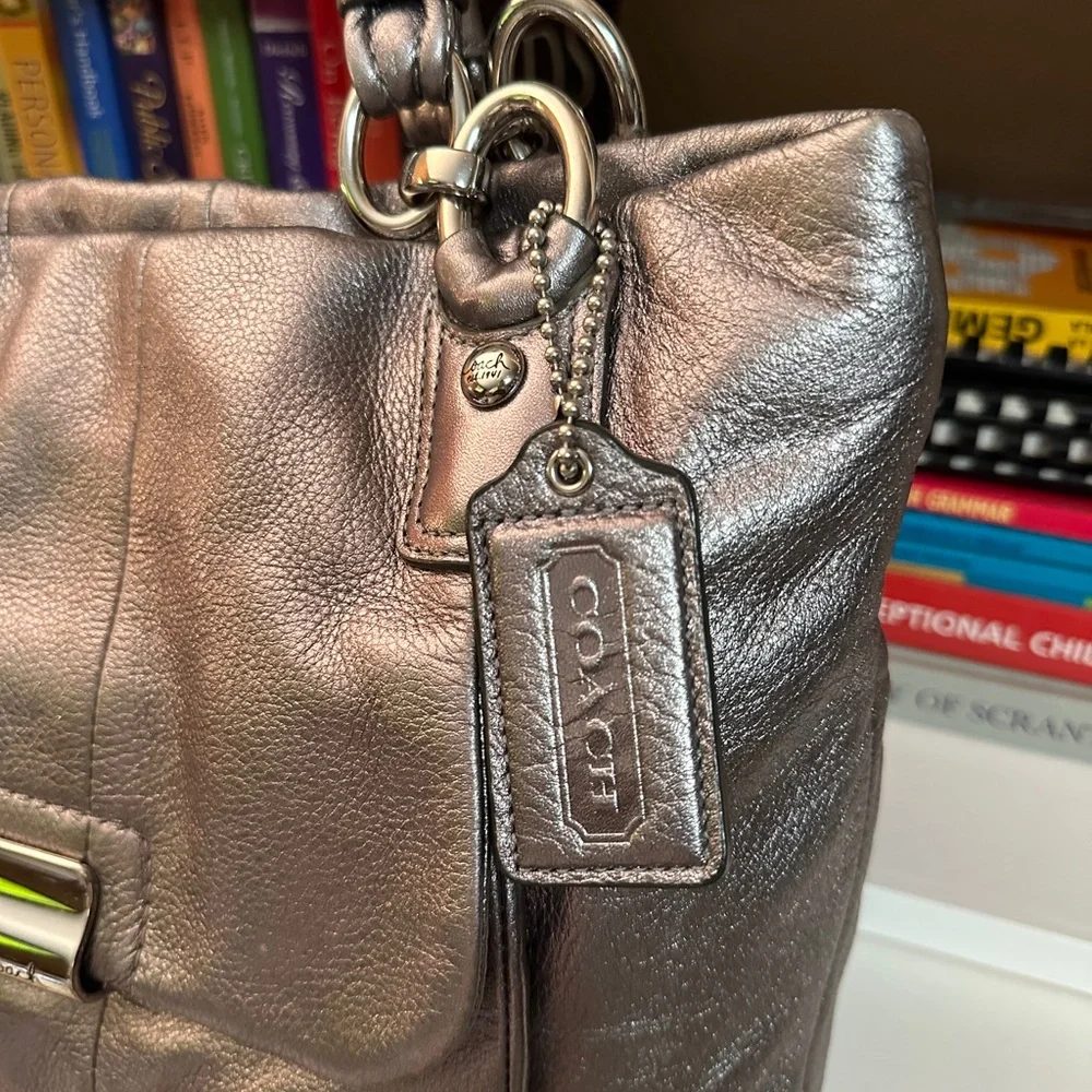 COACH Metallic Silver Leather Tote Bag with Chain Detail